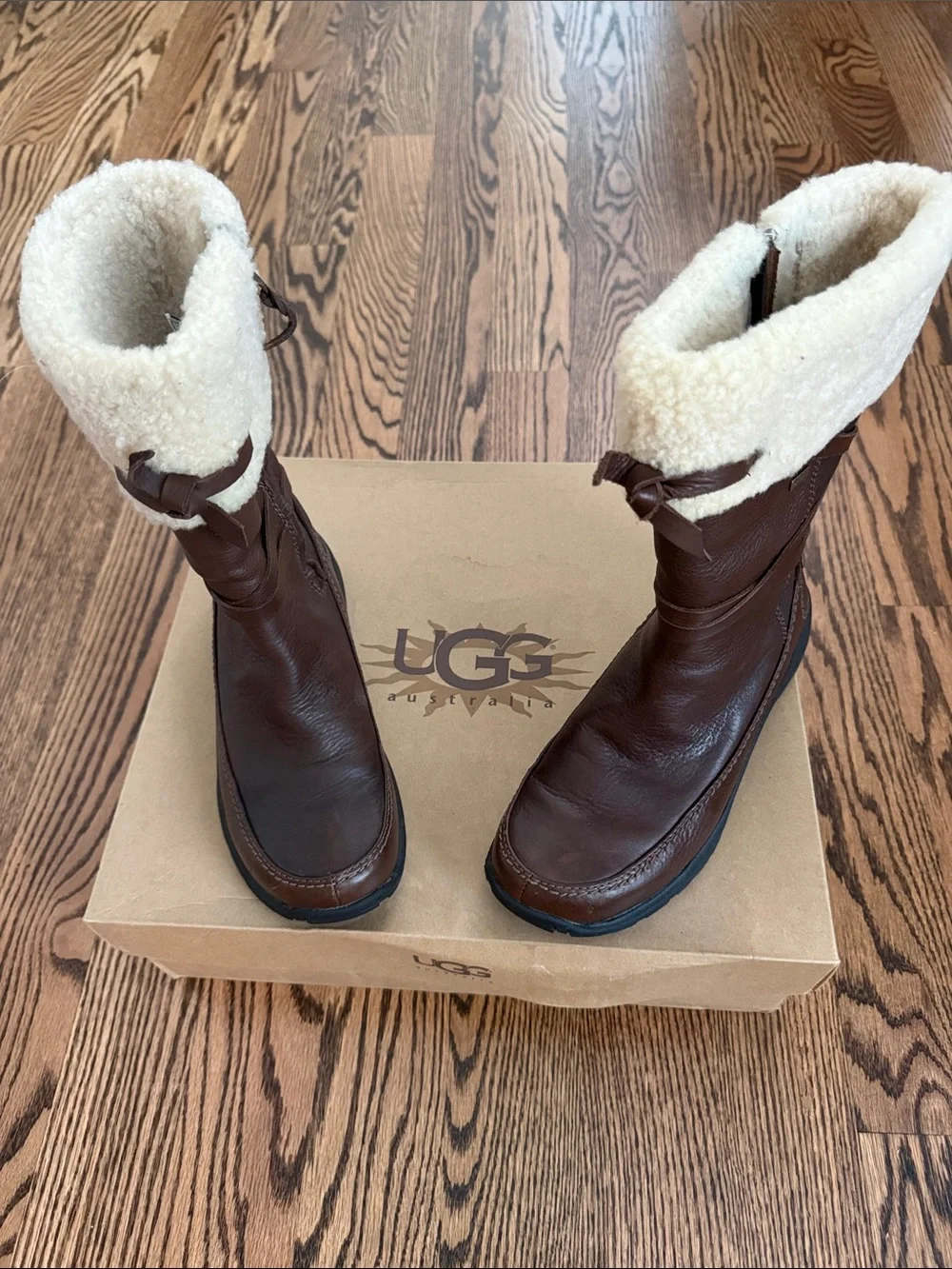 UGG Brown Leather Shearling Cuff Mid-Calf Boots with Rubber Soles